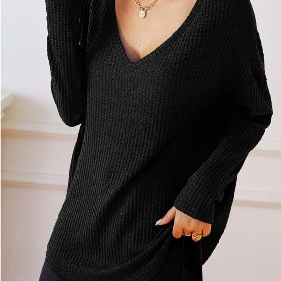 Waffle Knit Drop Shoulder V Neck Tee - Picture 3 of 6